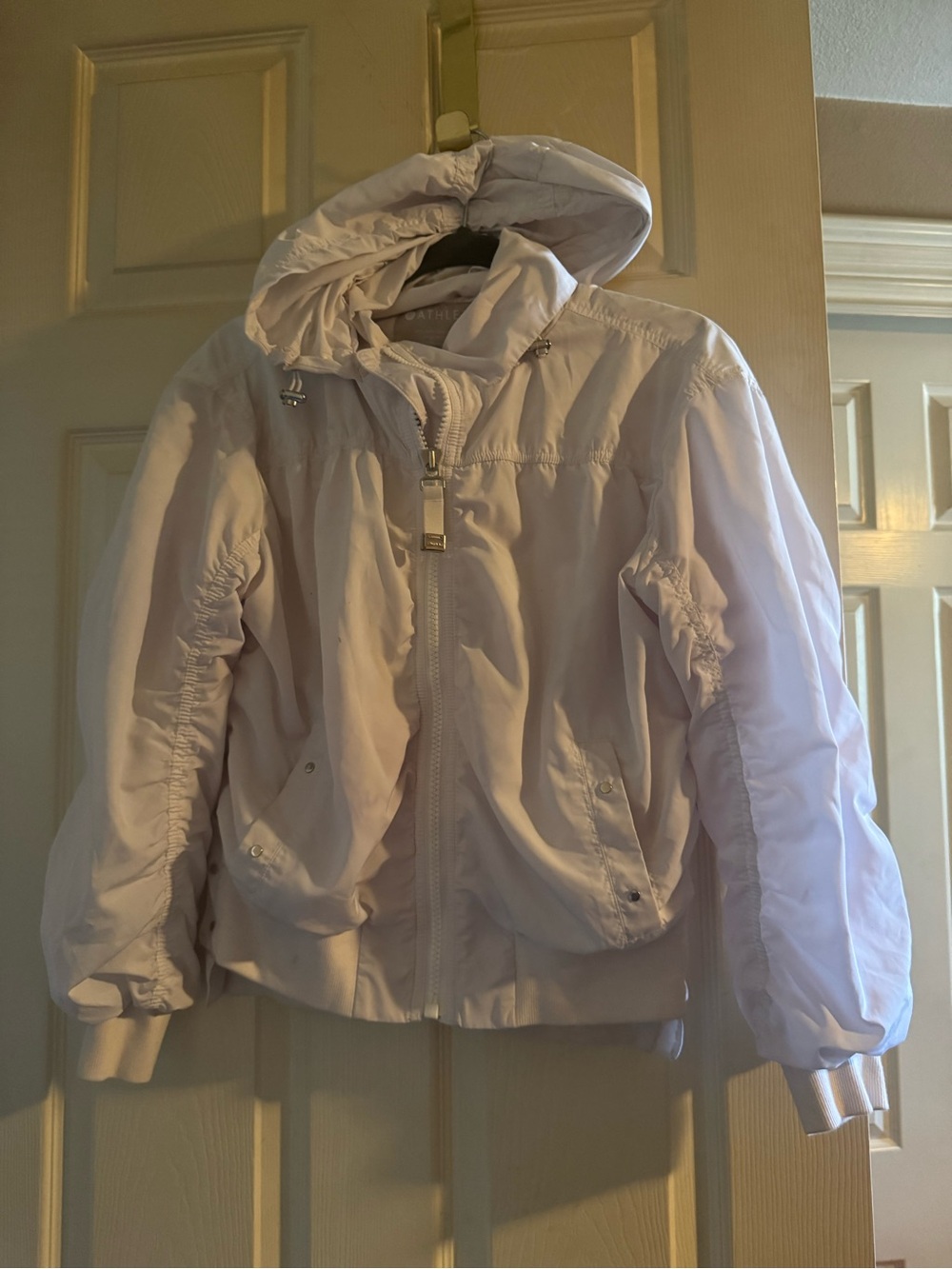 Athleta White Jacket with Hood and Rouched Detailing